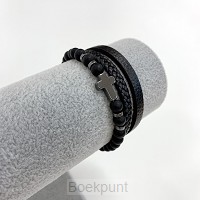 Armband leer/kralen kruisje zwart 21cm